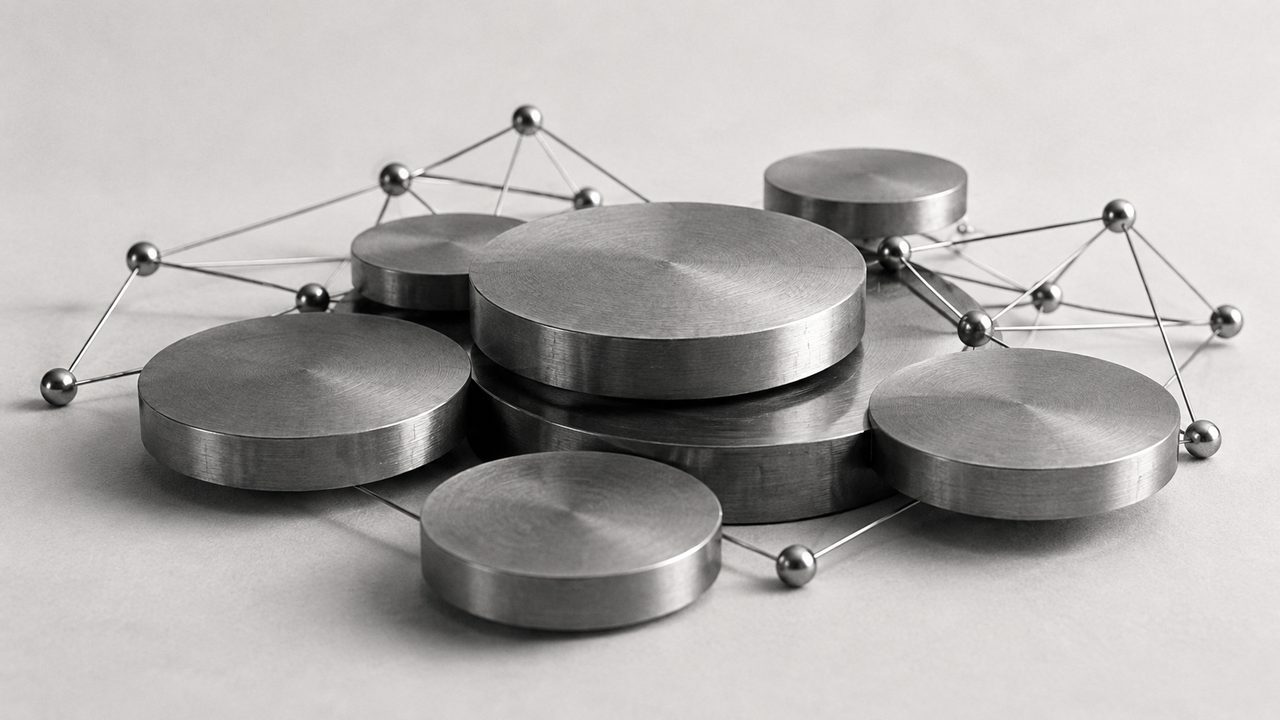 Editorial illustration of unmarked metal discs linked by a sculptural network.