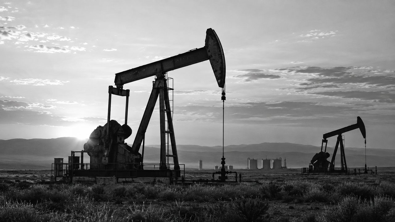 Editorial illustration of petroleum pumpjacks and distant storage tanks.