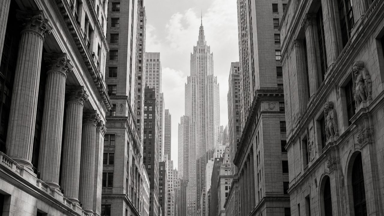 Editorial illustration of stone and steel financial-district architecture.
