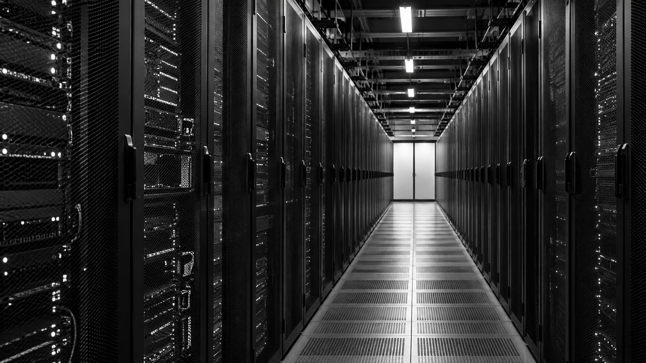 Editorial illustration of an aisle between data-center server cabinets.